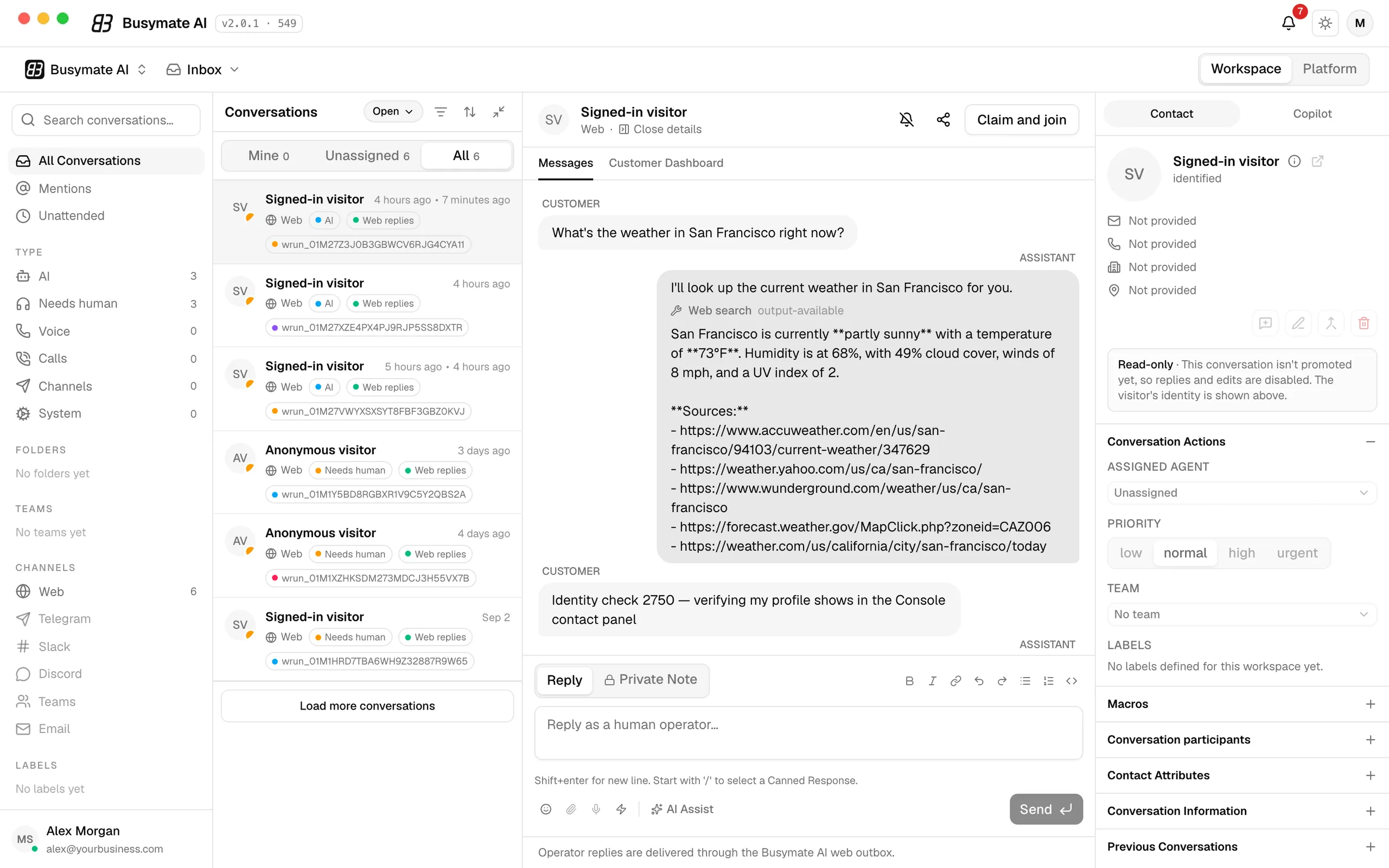 The Inbox in the AI Assistant desktop app: conversations from every channel in one list, one selected with its full thread and contact panel.
